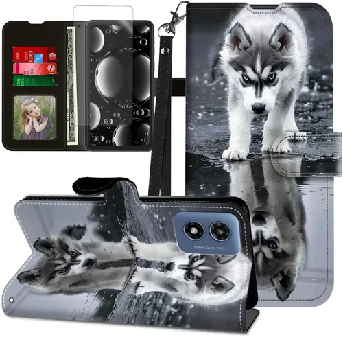 Vista 282 de Funda para Motorola Edge 2022 con protector de pantalla, soporte y tarjetero y correa para la muñeca, funda magnética para Moto Edge 2022 5G UW Lobo