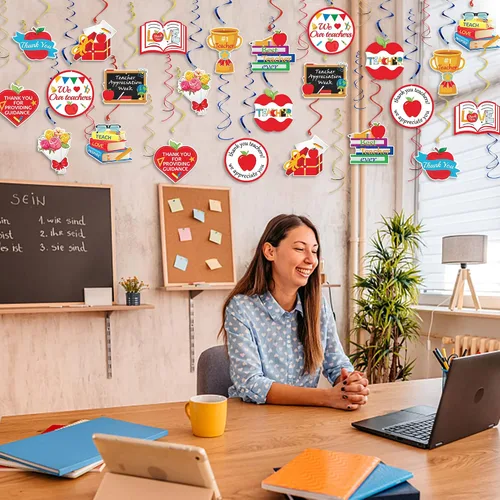 Vista 6 de 36 espirales colgantes de agradecimiento al profesor, diseño de agradecimiento para profesores, remolinos colgantes de techo para decoración del día