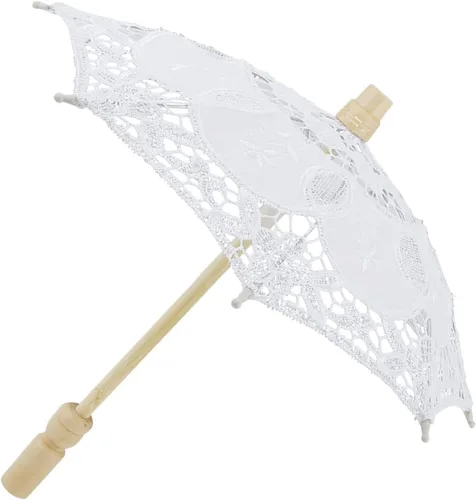Vista 4 de Sombrilla de encaje para boda, bordado de algodón, hecha a mano, suministros de boda para decoración, disfraz de dama de los años 20 (blanco)