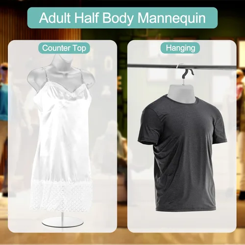 Vista 4 de Sintuff Paquete de 2 maniquíes masculinos y femeninos con soporte de metal, ganchos para colgar, forma de vestido, camisa con espalda hueca