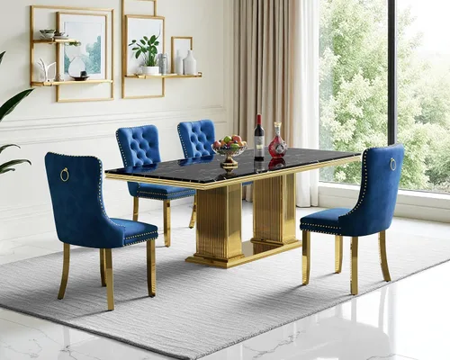 Vista 32 de Juego de mesa de comedor de mármol para 4, mesa de cocina rectangular de mármol negro de 68 pulgadas con base en H de acero inoxidable dorado, juego