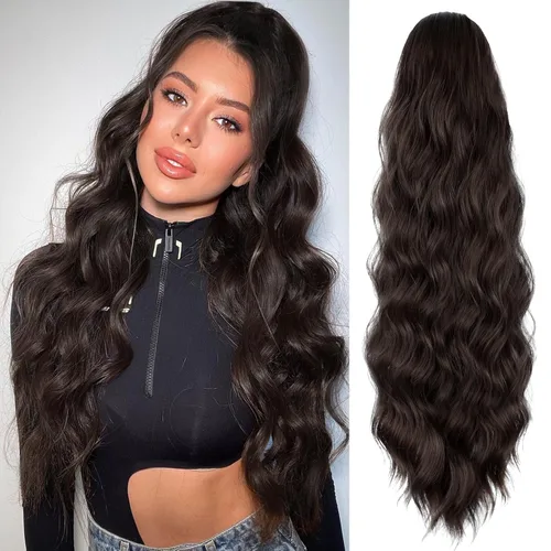Vista 19 de FREEMEIGE Extensión de Cola de Caballo de 22 Pulgadas Negro Mezclado con Burdeos Larga Ondulada con Cordón Extensión de Cola de Caballo para Mujeres