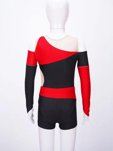 Vista 17 de JEATHA Conjunto de 2 piezas de leotardo de gimnasia de manga larga con hombros descubiertos y pantalones cortos atléticos para niñas