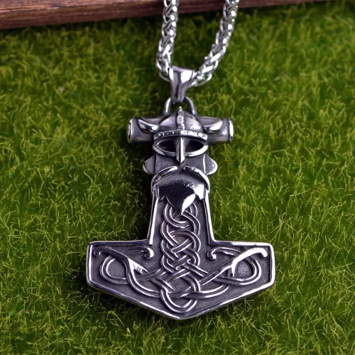 Vista 2 de LANGHONG Collar de martillo de Thor vikingo nórdico Mjolnir para hombre, joyería de talismán