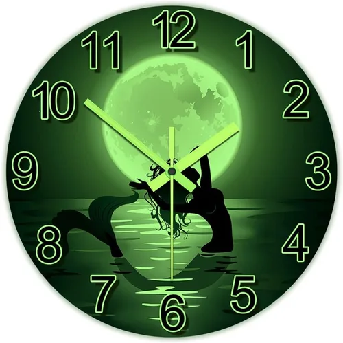 Vista 2 de The Geeky Days Reloj colgante de sirena con luna llena que brilla en la oscuridad, funciona con pilas, de cuarzo silencioso luminoso de 12 pulgadas
