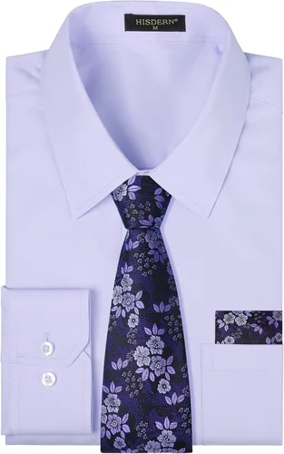 Vista 74 de HISDERN Mens Dress Shirt with Tie Pocket Square Set Classic Button Down Shirt Matching Tie Long Sleeve Shirts 08-verde