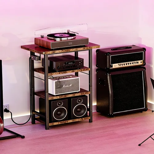 Vista 4 de Homeiju Soporte multimedia AV de 4 niveles con toma de corriente, soporte de madera para tocadiscos, centro de entretenimiento con estantes