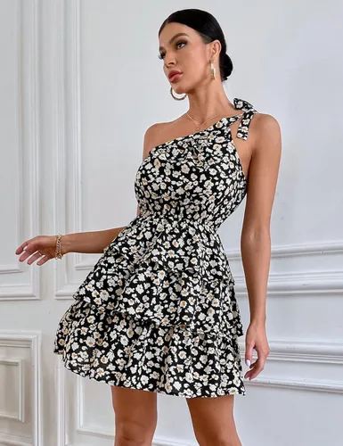 Vista 3 de PRETTYGARDEN - Vestido de verano para mujer, con lazo y un hombro, bohemio, floral, cintura elástica, volantes, línea A, con volantes, mini vestidos