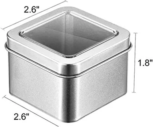 Vista 2 de Latas cuadradas de metal con tapas de ventana, paquete de 15 latas de plata cuadradas vacías para hacer velas, dulces, regalos y tesoros (4 onzas)