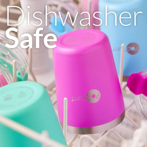 Vista 5 de PopYum - Vasos de acero inoxidable para niños, 9 onzas, morado, rosa, paquete de 2 Aislado, aspiradora de doble pared, tapa y pajilla, apilable, a