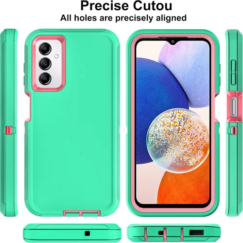 Vista 5 de Funda para Samsung Galaxy A14 5G, 3 en 1, protección resistente a prueba de golpes con 2 protectores de pantalla de vidrio templado, color azul Azul