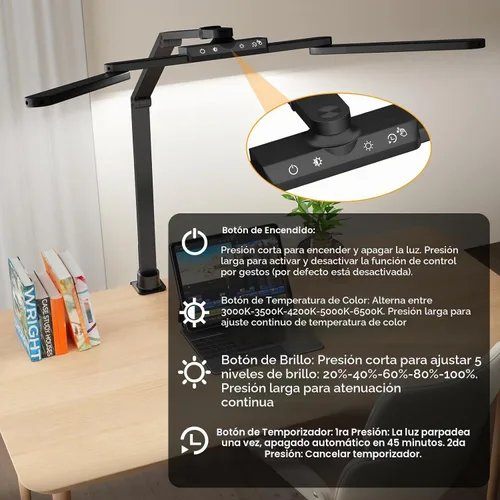 Vista 4 de ShineTech Lámpara LED de escritorio para oficina en casa, 25 modos de iluminación, lámpara LED con brazo oscilante con abrazadera, sensor de gestos