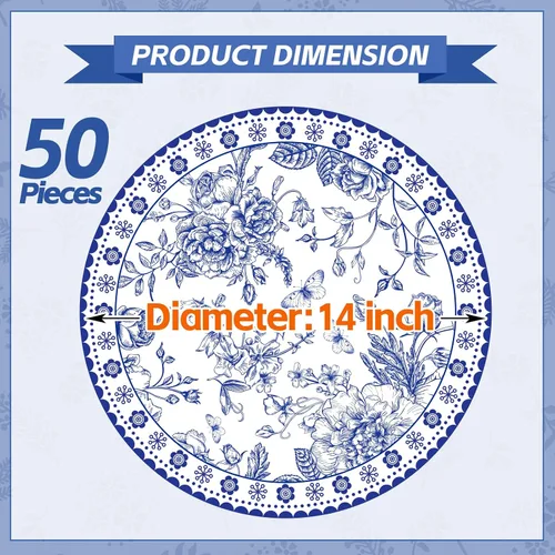 Vista 2 de 50 piezas manteles individuales de papel floral azul de 14 pulgadas, manteles individuales redondos chinoiserie con flores, manteles decorativos