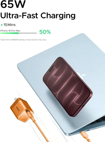 Vista 2 de UGREEN Nexode Air - Bloque de carga USB C GaN de 65 W con cable de 3.3 pies Naranja