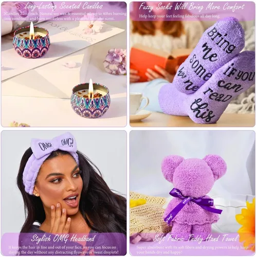 Vista 7 de Cestas de regalo para mujeres con diseño de lavanda, regalos para mujeres después de la cirugía, regalos para el cuidado del cáncer, regalos