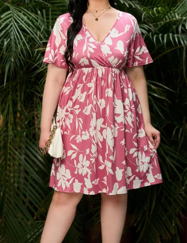 Vista 6 de ShopWonder Vestido de talla grande para mujer, con cuello en V, acampanado, largo hasta la rodilla, vestido de fiesta, minivestido de fiesta