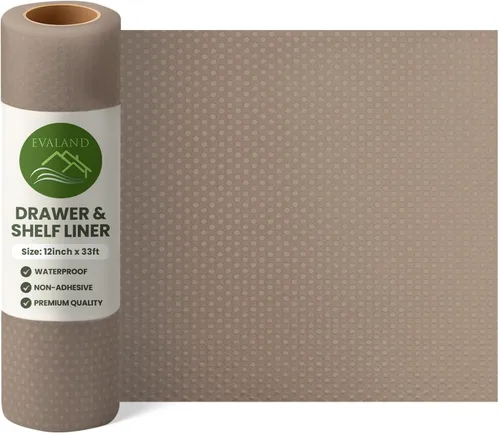 Vista 9 de EVALAND Revestimientos de estantes para gabinetes de cocina sin adhesivo de 12" x 33 pies, color beige, forro para cajones antideslizante, lavable