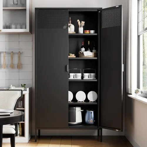 Vista 122 de Gabinete de almacenamiento de metal ancho negro, gabinete de acento de 2 puertas para el hogar y la oficina, gabinete de metal bajo de 2 niveles