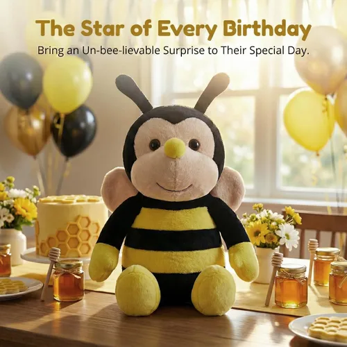 Vista 4 de Peluche Nana la abeja con cara sonriente y alas amarillas, abejorro, juguete suave en forma de animal para niños de 12 pulgadas de la cabeza a