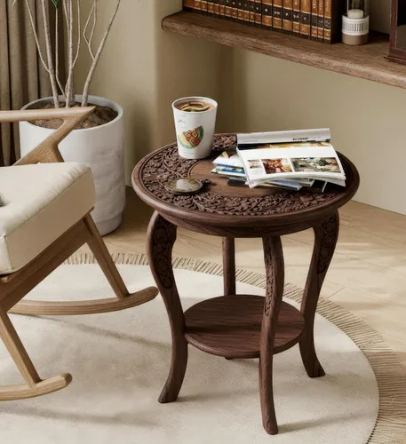 Vista 5 de Mesa auxiliar de madera de mango tallada a mano – Mesa auxiliar redonda de pedestal de 18 x 22 pulgadas para sala de estar, mesita de noche