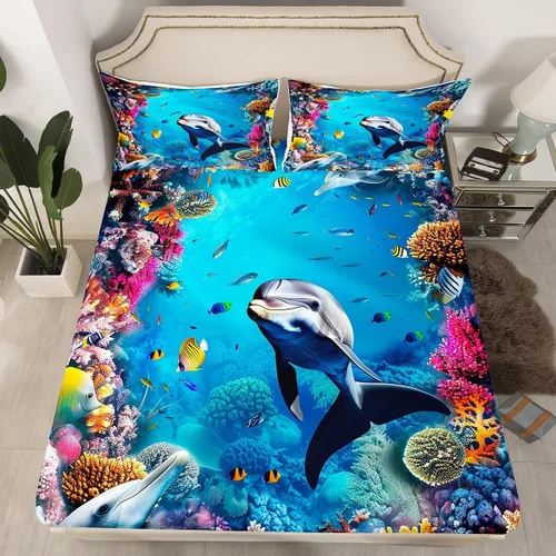 Vista 23 de Sábana bajera ajustable de tamaño individual para niños, diseño de animales marinos náuticos, juego de ropa de cama coral bajo el mar, juego de ropa