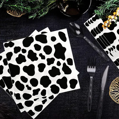 Vista 5 de 150 piezas de suministros de fiesta con estampado de vaca, juego de vajilla con estampado de vaca de granja que incluye platos de papel de vaca de 9
