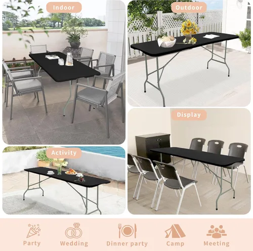 Vista 7 de Mesa plegable de 6 pies, mesa de camping portátil de plástico rectangular, mesa de comedor al aire libre, patas de acero, plegable por la mitad