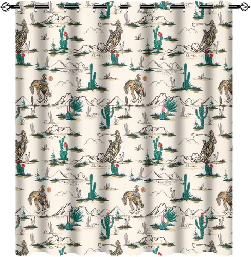 Vista 14 de Cortinas opacas retro de vaquero occidental para dormitorio, estilo rústico, cactus, salvaje oeste, vaquero, paseo, caballo, con ojales, aislamiento