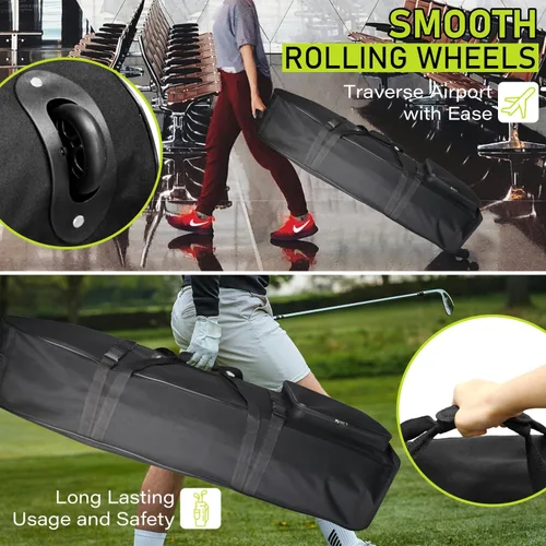 Vista 6 de Bolsa de viaje de golf para exteriores, correas de hombro desmontables y ruedas de goma, fundas de viaje plegables suaves para palos de golf, Oxford