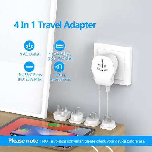 Vista 3 de JSVER Juego de adaptadores de viaje internacional con 3 puertos USB, 1 enchufe de CA, incluye accesorios desmontables tipo B, I, G, E/F para usar