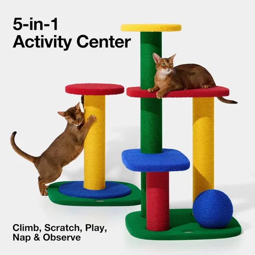 Vista 2 de VETRESKA Torre para gatos de varios niveles de 38.6 pulgadas, árbol para gatos con plataforma, postes rascadores de sisal y bola para rascar, centro