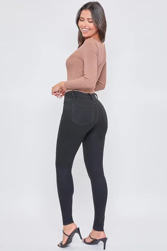 Vista 4 de YMI Jeans ajustados básicos de 1 botón para mujer, hechos con fibras recicladas