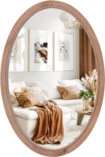 Vista 9 de Sawsile - Espejo redondo de madera, 45 cm, espejo circular rústico de granja con marco natural de madera con cuentas boho, espejo de pared