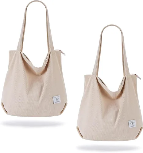 Vista 35 de KALIDI Bolsa Tote de Pana para Mujer con Cremallera Bolsa de Mano Casual Tote Bolsa de Hombro de Gran Capacidad con Bolsillos 1 negro y 1 blanco.