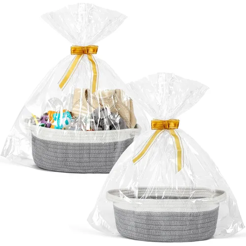 Vista 9 de Paquete de 2 cestas pequeñas tejidas con bolsas de regalo y cintas, caja de cofre de regalo decorativa vacía, linda cesta de regalo para bebé