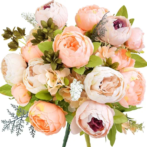Vista 16 de Ramo de peonías artificiales – Juego de 2 tallos de flores de seda sintética – Ramos listos para el estilo para bodas, decoración del hogar, eventos