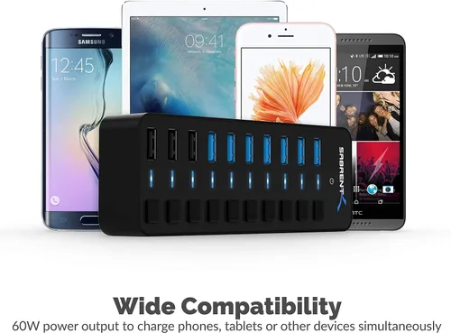 Vista 5 de Hub USB 3.0 de 10 puertos incluye 3 puertos de carga inteligente con interruptores de alimentación individuales y LED y adaptador de corriente de 60