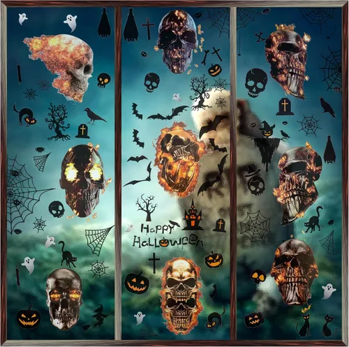 Vista 7 de Decoraciones de Halloween para ventana, 9 hojas, 90 unidades, calcomanías de huellas de manos sangrientas con 10 calcomanías de tatuaje, calcomanías