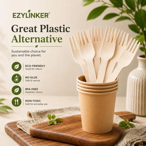 Vista 3 de Juego de 500 tenedores de madera desechables, alternativos a los tenedores de plástico y bambú, ecológicos, biodegradables y compostables, juego