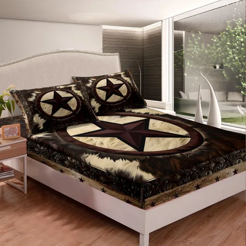 Vista 2 de Erosebridal Sábanas de cama de vaca tamaño individual para decoración rústica, sábana bajera ajustable de estrellas del oeste de Texas para vaquera