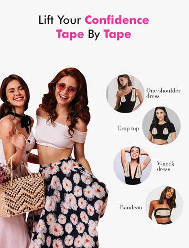 Vista 4 de PINQ POLKA Boob Tape Breast Lift Tape - Waterproof Adhesive Invisible Boobtape with Nipple Pasties Body Tape