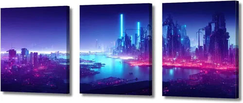 Vista 41 de Cuadros de 3 paneles de Cyberpunk City - Arte de pared de vallas publicitarias de edificios modernos en la capital con obras de arte modernas