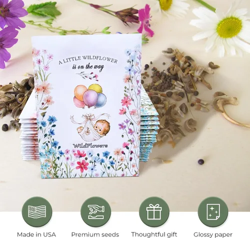 Vista 5 de Paquete de 20 paquetes prellenados de mezcla de semillas de ramo para niñas y niños, regalos de fiesta de baby shower, anuncios de bebé