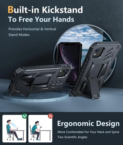 Vista 5 de FNTCASE Funda para iPhone XR: [Protector de pantalla y soporte integrados] [Protección contra caídas de grado militar] Funda de teléfono resistente