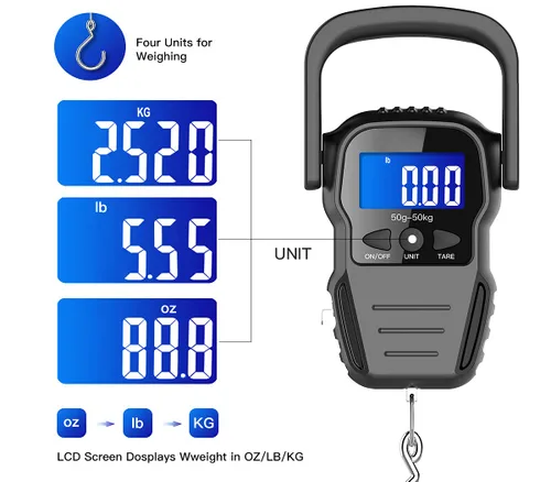 Vista 3 de Báscula digital de pescado báscula de equipaje báscula de gancho para colgar peso pantalla LCD retroiluminada de 1102lbs bolsa impermeable