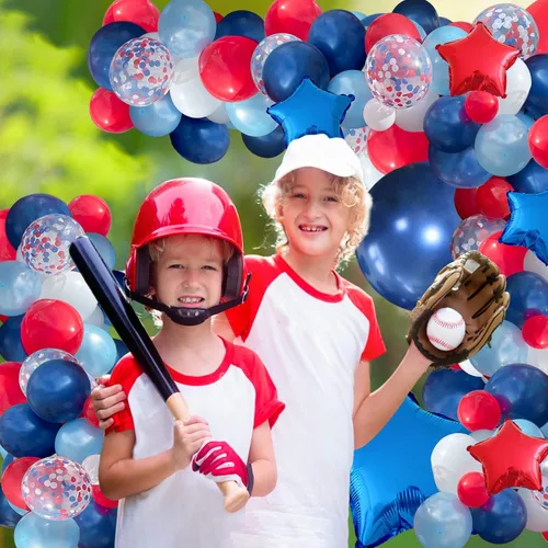 Vista 9 de 145 globos de color azul marino y plateado y 142 globos rojos, blancos y azules para cumpleaños, béisbol, temática náutica, fiesta, fiesta
