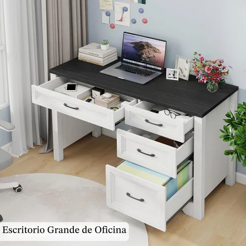 Vista 4 de Halitaa Escritorio ejecutivo de granja con cajones, escritorio de madera para computadora con amplio cajón de archivos, escritorio rústico