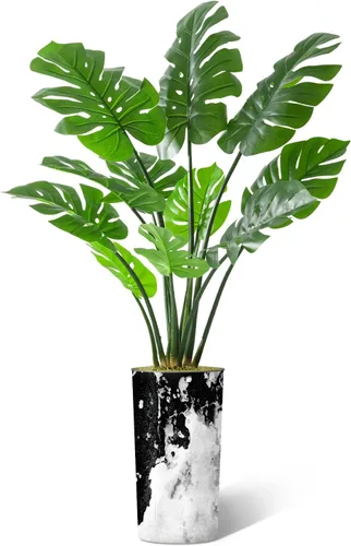 Vista 17 de Árbol artificial en macetero contemporáneo con efecto de granito, palmera tropical areca artificial de seda para decoración del hogar en interiores