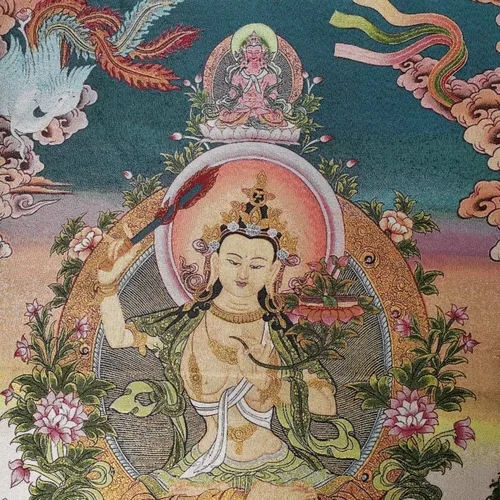 Vista 5 de Tela tibetana de seda de 36 pulgadas, bordado tibetano, budismo de seda, manjusri, bodhisattva, fénix, tangka, thangka, fengshui, para colgar