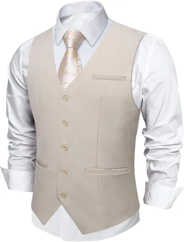 Vista 24 de DiBanGu Chaleco de traje para hombre Vestido formal de negocios Light Khaki
